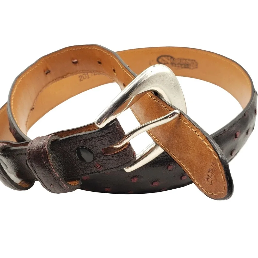Nocona Dark Brown Red Leather Belt 32 Ostrich Pattern Silver Tone Buckle Western